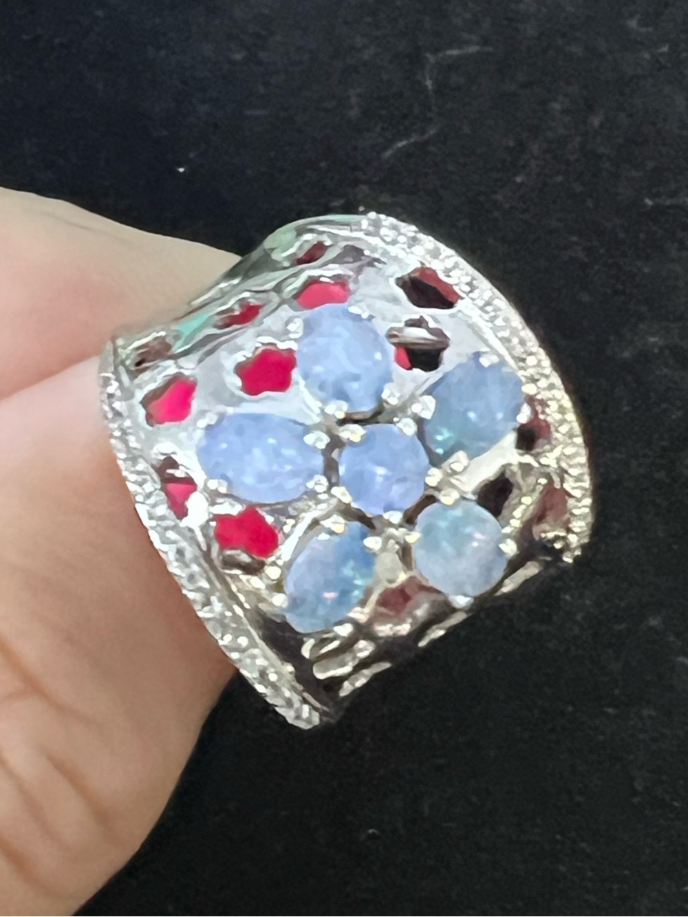 925 STERLING SILVER REAL OPAL WIDE BAND FLOWER RING